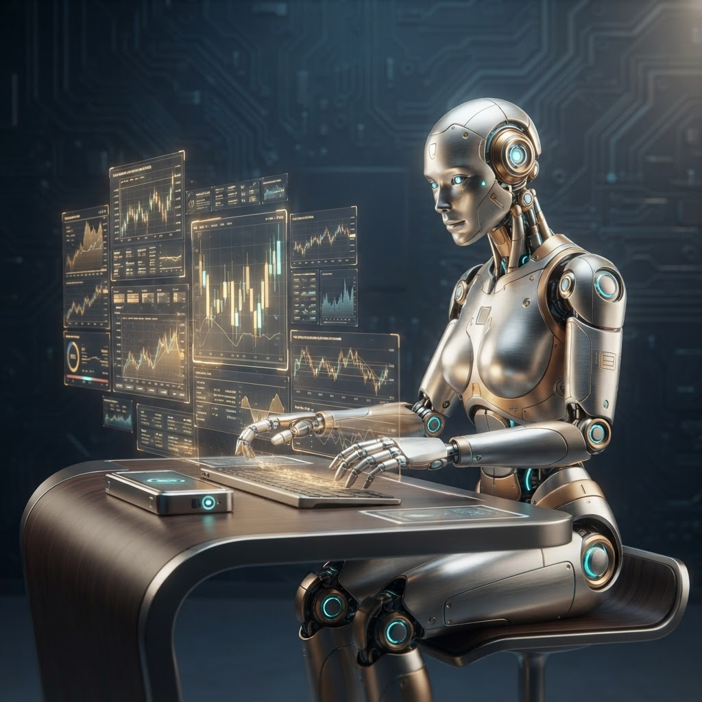 Elegant humanoid AI trading robot in silver and gold analyzing holographic financial charts at a futuristic trading desk